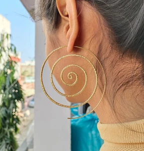 Thick Spiral Earrings Hammered Brass Hoops Earrings Women Minimalist Earrings - Picture 1 of 5