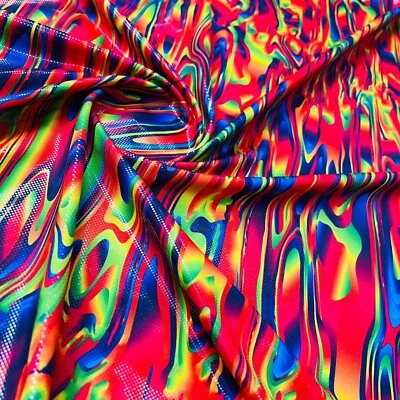 Abstract Psychedelic Neon Metallic Print Nylon  Spandex Fabric 4 Way Stretc - Image 1 of 4