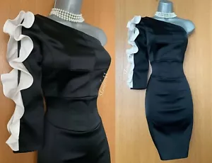 KAREN MILLEN UK 10 Negro Satén Blanco Volantes Un Hombro Cóctel Vestido Lápiz - Imagen 1 de 12