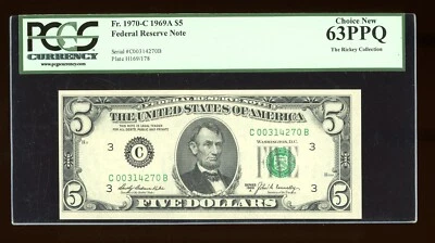 DBR 1969-A $5 FRN Philadelphia Fr. 1970-C PCGS 63 PPQ Serial C00314270B - Image 1 of 2
