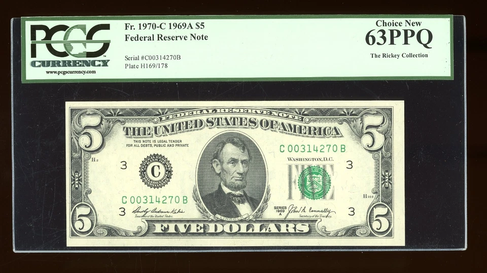 DBR 1969-A $5 FRN Philadelphia Fr. 1970-C PCGS 63 PPQ Serial C00314270B - Image 1 of 2