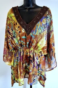 Erica Brooke Multi-Color Boho Sheer Embellished V-Neck Top - SZ 14 - Picture 1 of 5