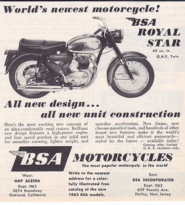 1962 BSA ROYAL STAR MOTORCYCLE  ~ ORIGINAL SMALLER PRINT AD - Picture 1 of 1