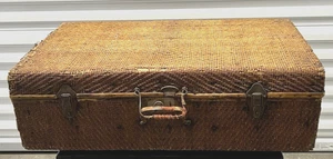 Antique Wicker Covered Wood East Indian Suitcase 30" x 17" x 9" As Found - Picture 1 of 10