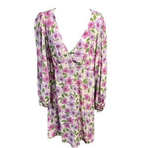 GB Dress LG Purple Floral Print V-Neck Long Sleeve Gathered Bust Feminine Chic - Picture 1 of 8