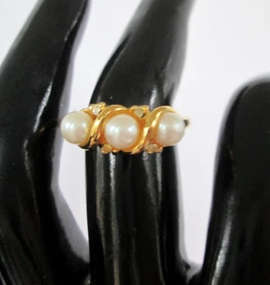 Anillo con astillas de diamantes y perlas rellenas de oro talla 7 firmado S Foto 1 de 4