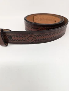 VTG 90s Western Hippie Boho Brown & Black Tooled Aztec Leather Buckle Belt L 40 - Picture 1 of 8