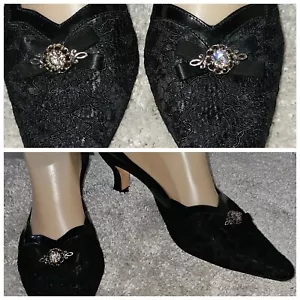 Brighton Tandra Mule Heels Womens Sz 9.5M Black Lace, Jewel Accent, Bow Trim - Picture 1 of 13
