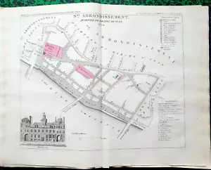 Paris IV è Anc IX è - Quartier de l'Hôtel de Ville Rare Plan Décoré 36x29 1836 - Picture 1 of 3