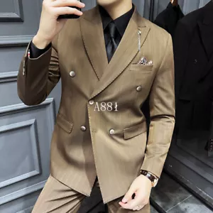 Spring Men's Textured Suits Striped Double Breasted 3 Pcs Jacket Vest Pants Sz - Picture 1 of 19