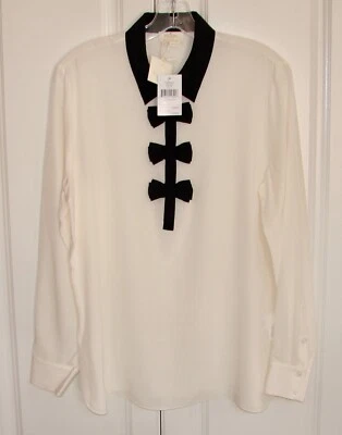 NUEVO CON ETIQUETAS Kate Spade NY Talla Grande Marfil Seda/Negro Lazo Tapeta Manga Larga Top $278 Foto 1 de 4