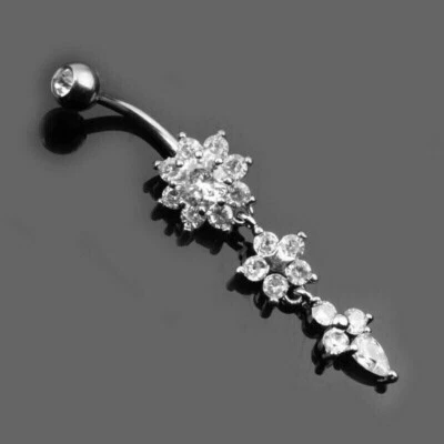 Anillo ombligo flor diamante corte redondo de 2 quilates enchapado en oro blanco de 14 quilates Foto 1 de 4