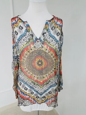 TIANELLO BY STEVE BARRAZA 100% ШЕЛКОВАЯ ПЛЕМЕННАЯ ШИФОНОВАЯ БЛУЗКА ТОП ТУНИКА SHEER SZ M - Изображение 1 из 4