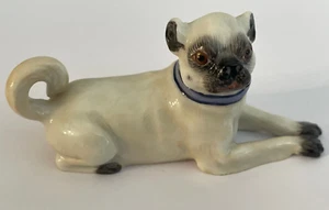 Meissen Porcelain Figurine  Small Lying Pug With Blue Collar Facing Right - Picture 1 of 12