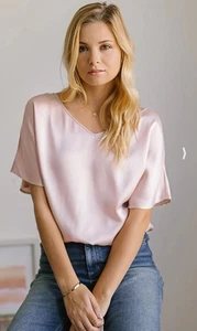 Blusa Ravella 100% Verona Rosa Rosa Seta Blush Rosa Manica Corta Taglia L Nuova con etichette - Foto 1 di 7
