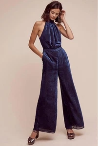 Anthropologie Elevenses Velvet Nova Jumpsuit Size 14 Blue Textured New $178 Tag - Picture 1 of 7