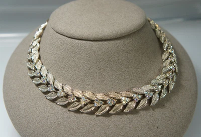 CORO Vintage Gold Tone Hinged Leaf Aurora Borealis Crystal Stone Choker Necklace - Image 1 of 4