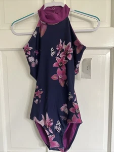 Purple Pixies Printed Double Time Leotard Navy/Floral Sz. M Halter Open Back - Picture 1 of 5