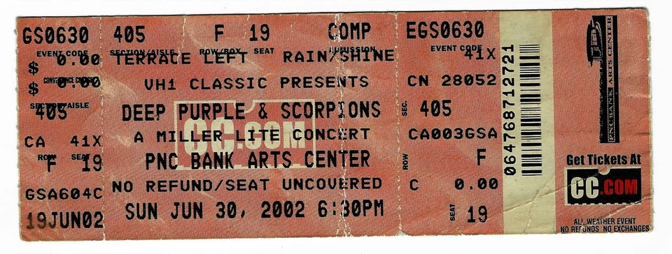 Deep Purple & The Scorpions 30/06/02 Holmdel NJ PNC Arts Center ¡Boleto raro! Foto 1 de 1