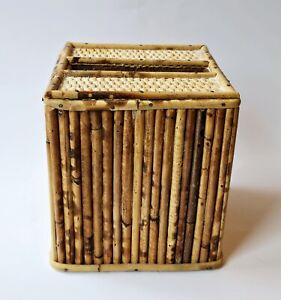 Vintage Burnt Bamboo Rattan Woven Tissue Box Cover Square 5.25" x 6"