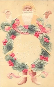 A MERRY CHRISTMAS - SANTA IN YELLOW - 1910 - EMBOSSED POSTCARD - Picture 1 of 2