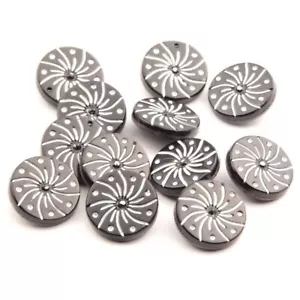 Lot 12pc 18 mm Czech vintage Deco spiral firework pin wheel black glass buttons - Picture 1 of 2