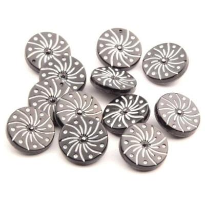 Lot 12pc 18 mm Czech vintage Deco spiral firework pin wheel black glass buttons - Image 1 of 2
