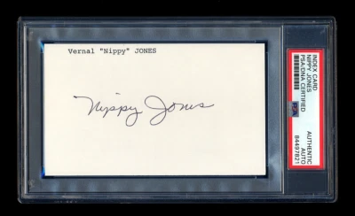 NIPPY JONES SIGNED INDEX CARD MINT PSA/DNA 1957 MILWAUKEE BRAVES WORLD CHAMPIONS - Image 1 of 2