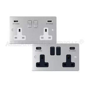 Enchufe doble plano cromado mate satinado de 2 velocidades con puertos de carga USB puntos de toma - Imagen 1 de 5