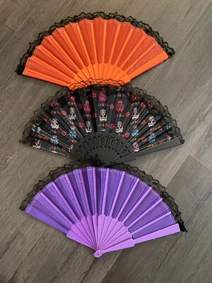 Lot of 3 Vintage Plastic, Cloth & Lace Folding Hand Fans - Image 1 of 4