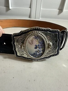 Women’s Blue And Silver Flowers Buckle With Belt - Picture 1 of 8