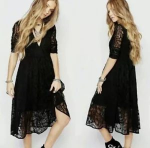 Abito midi nuovo con etichette $168 Free People Mountain Laurel pizzo uncinetto nero taglia 10 - Foto 1 di 23