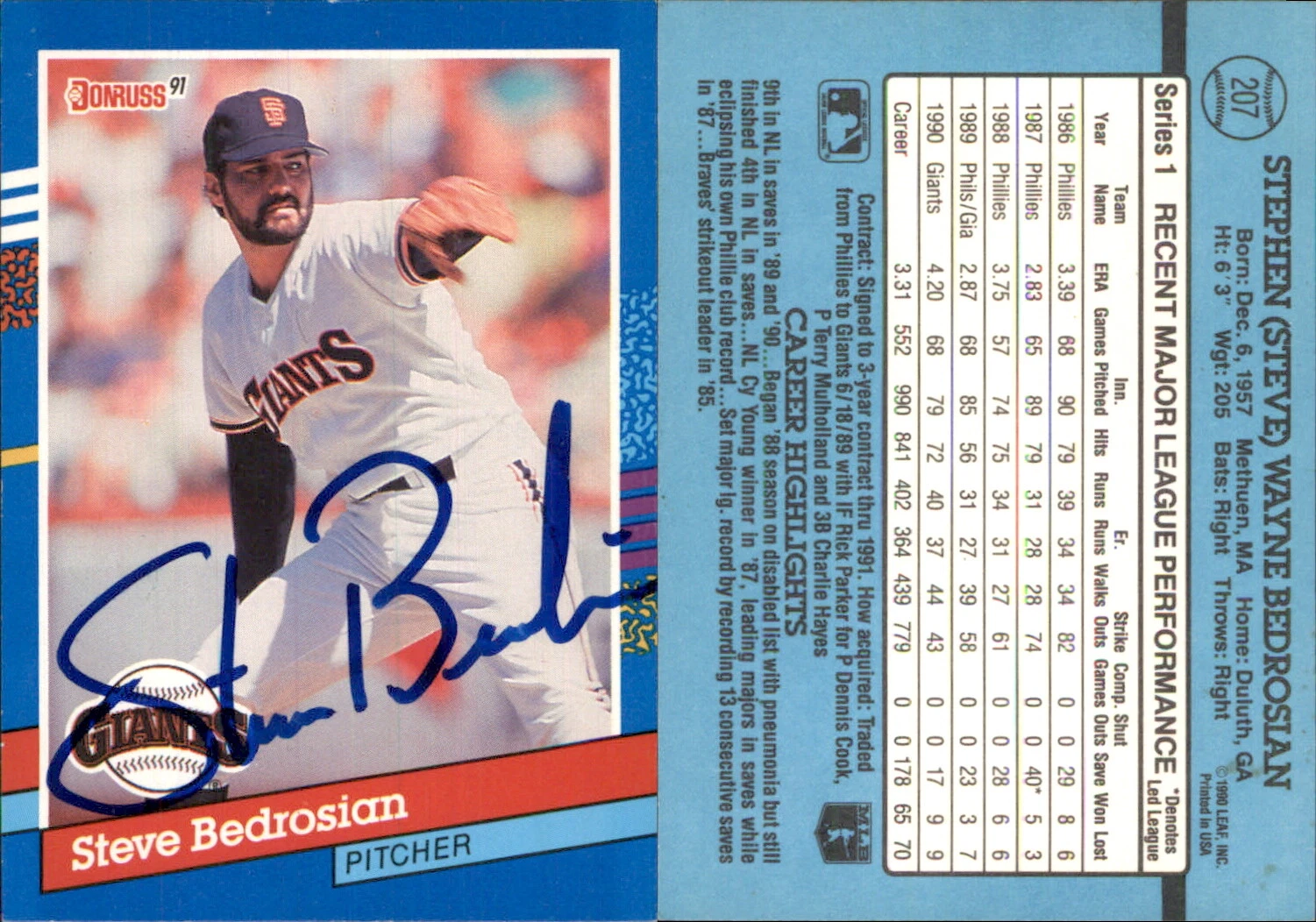 Steve Bedrosian Signed 1991 Donruss #207a Card San Francisco Giants Auto AU