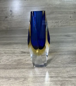 Flavio Poli Mid-Century Murano Vase Cobalt Blue Yellow & Clear Faceted Art Glass - Picture 1 of 6