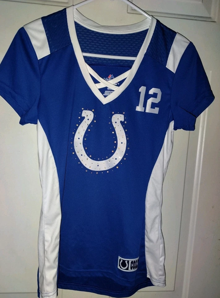 Camisa Majestic Indianapolis Colts Cuello en V S Mujer Estrás Bling Jersey Suerte 12 Foto 1 de 3
