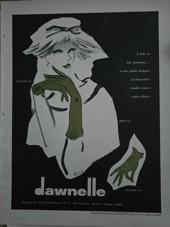 1956 Mujer Dawnelle Ramo y Mérito Guantes Verdes Erica Vintage Moda Arte Anuncio Foto 1 de 1
