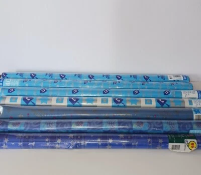7 Rolls Happy Hanukkah Wrapping Paper: Hanukkah Menorah Dreidel: 300 SqFt Total - Image 1 of 4