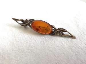 BROCHE ARGENT AMBRE ANCIENNE FEUILLES STYLE ART NOUVEAU SILVER AMBER ANTIC - Foto 1 di 5