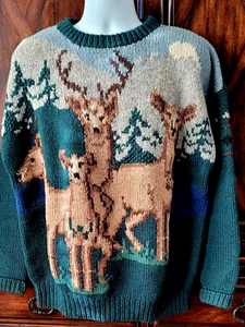 Suéter Vintage Tejido a Mano THORNTON BAY, Verde, Buck, Ciervo, Intarsia, L - Imagen 1 de 5