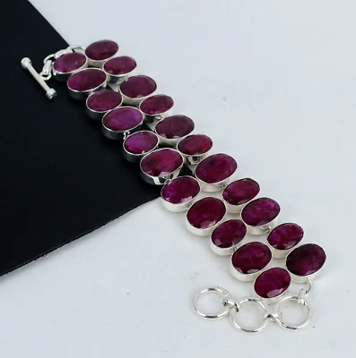 Kashmir Red Ruby Gemstone Handmade Bracelet 925 Sterling Silver Jewelry For Love - Image 1 of 4