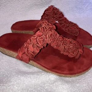 Sesto Meucci Red Suede Cork Wedge Ruffle Flip Flop Sandals Size 8M - Picture 1 of 8