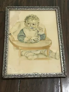 Vintage Framed Art Deco Charlotte Becker Dickie Boy High Chair Eating B&B 8X10 - Picture 1 of 6