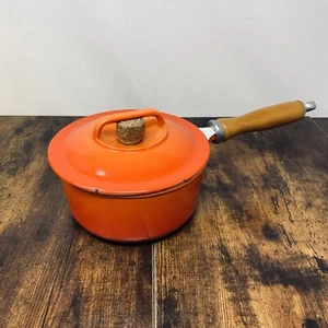 Vintage Casron cast iron Japanese pot Sauce Pan Wooden Handle Orange Volcanic - Picture 1 of 9