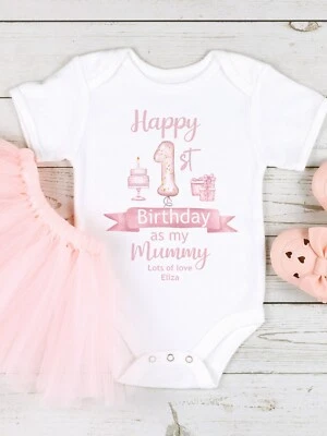 ALLABOUTTHEBUMP Happy 1st Birthday as My MUMMY rosa Luftballons Baby Mädchen Outfit