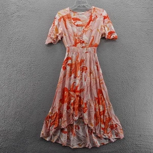 Abel The Label Smocked Waist Floral Midi Dress Size Medium Orange Womens Hi Low - Picture 1 of 12