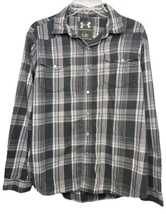 Under Armour Men's Large Pearl Snap Button Down Shirt Black Gray Plaid - Picture 1 of 10