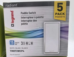 Paquete de 5 interruptores de paleta Legrand blancos P&S radiantes 15 amperios interruptor de 3 vías nuevo TM873WCP4 - Imagen 1 de 9