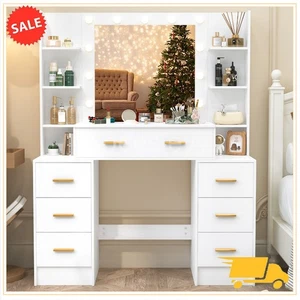 Dressing VanityTable Wood Makeup Desk with 3 Color LED Mirror and 7 Drawers UK - Picture 1 of 9