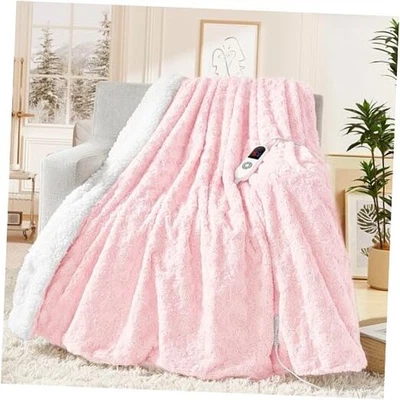 Heated Blanket Electric Throw 50"x60" Faux Rabbit Fur Throw-50" x 60" Pink - Image 1 of 4