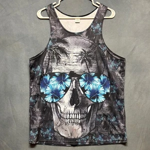 Mens Skull Graphic Tank Top Large Black Blue Floral Streetwear Grunge Skater - Picture 1 of 6